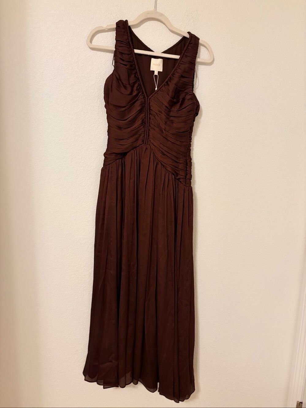 NWT Parker Bitter Chocolate Ruched Maxi Dress Size 2 Brown Chiffon